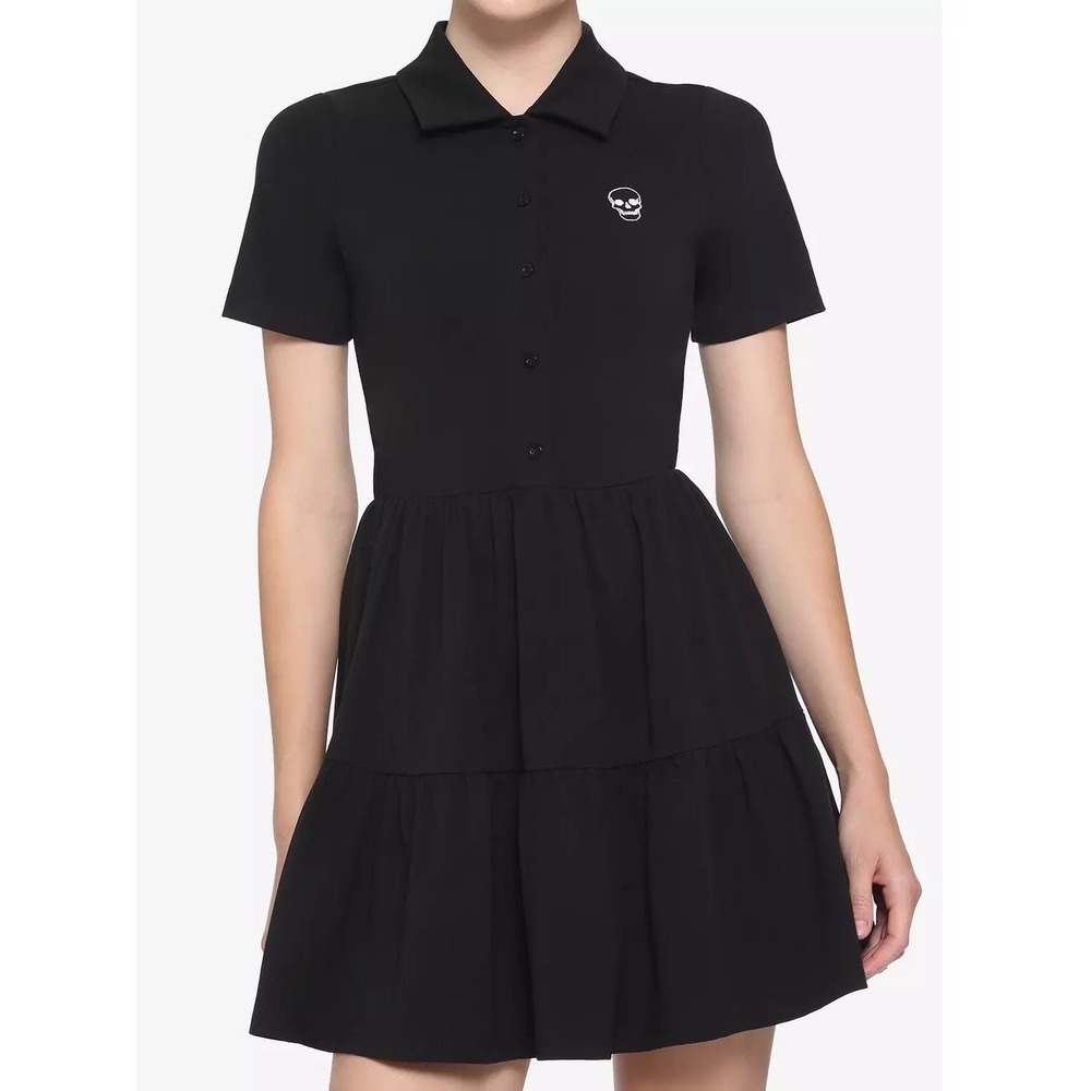 Hot Topic Skull Polo Tiered Dress Women Large Black Embroiidered Mini Gothic